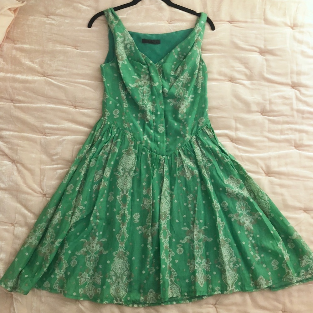 Modcloth Green Fifties Deco Print Silk Dress, Rare